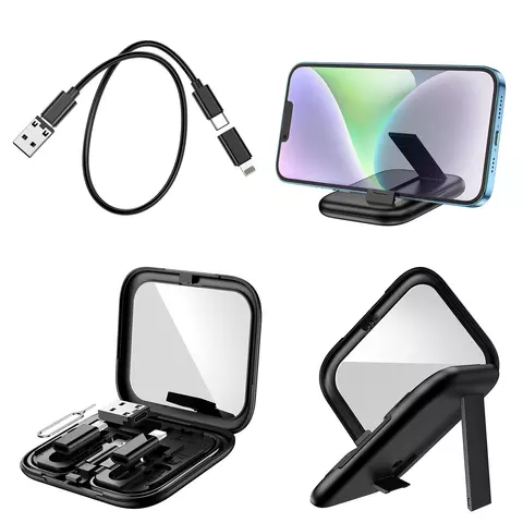 USB кабель Hoco U114, USB тип-C, USB тип-A, micro-USB тип-B, Lightning, 2xUSB тип-C, 28 см, 60 Вт, 3 A, черный, с коробкой для хранения, с зеркалом, с адаптерами, 6 в 1, #6931474790750 Превью 1