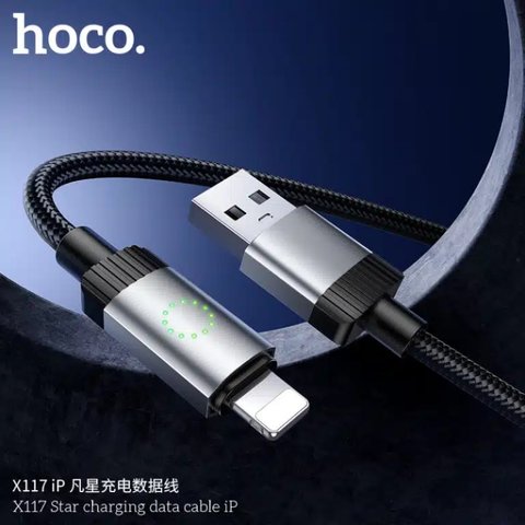 USB кабель Hoco X117, USB тип-A, Lightning, 100 см, 2,4 А, черный, с индикатором, в нейлоновой оплетке, #6942007652544 Превью 2