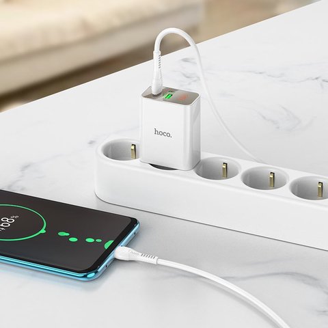 Adaptador de red Hoco C100A, 20 W, Quick Charge, Power Delivery (PD), blanco, con LCD, 2 puertos, #6931474769800 Vista previa  4