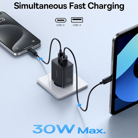 Мережевий зарядний пристрій Baseus Cube, 30 Вт, Power Delivery (PD), Fast Charge, чорний, 2 порта, #P10111404113-00 Прев'ю 5